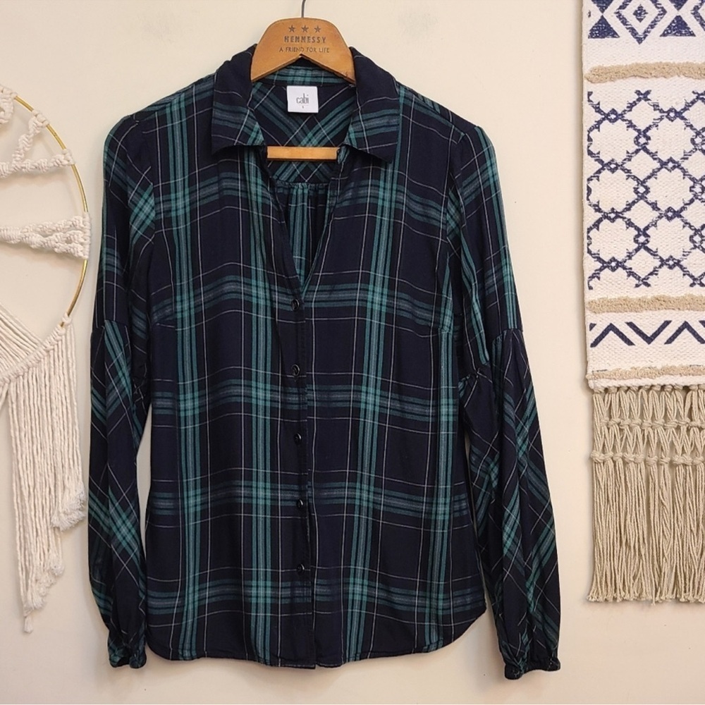 Cabi Big Sur Plaid Shirt Green Navy Blue Size Small - Picture 7 of 11